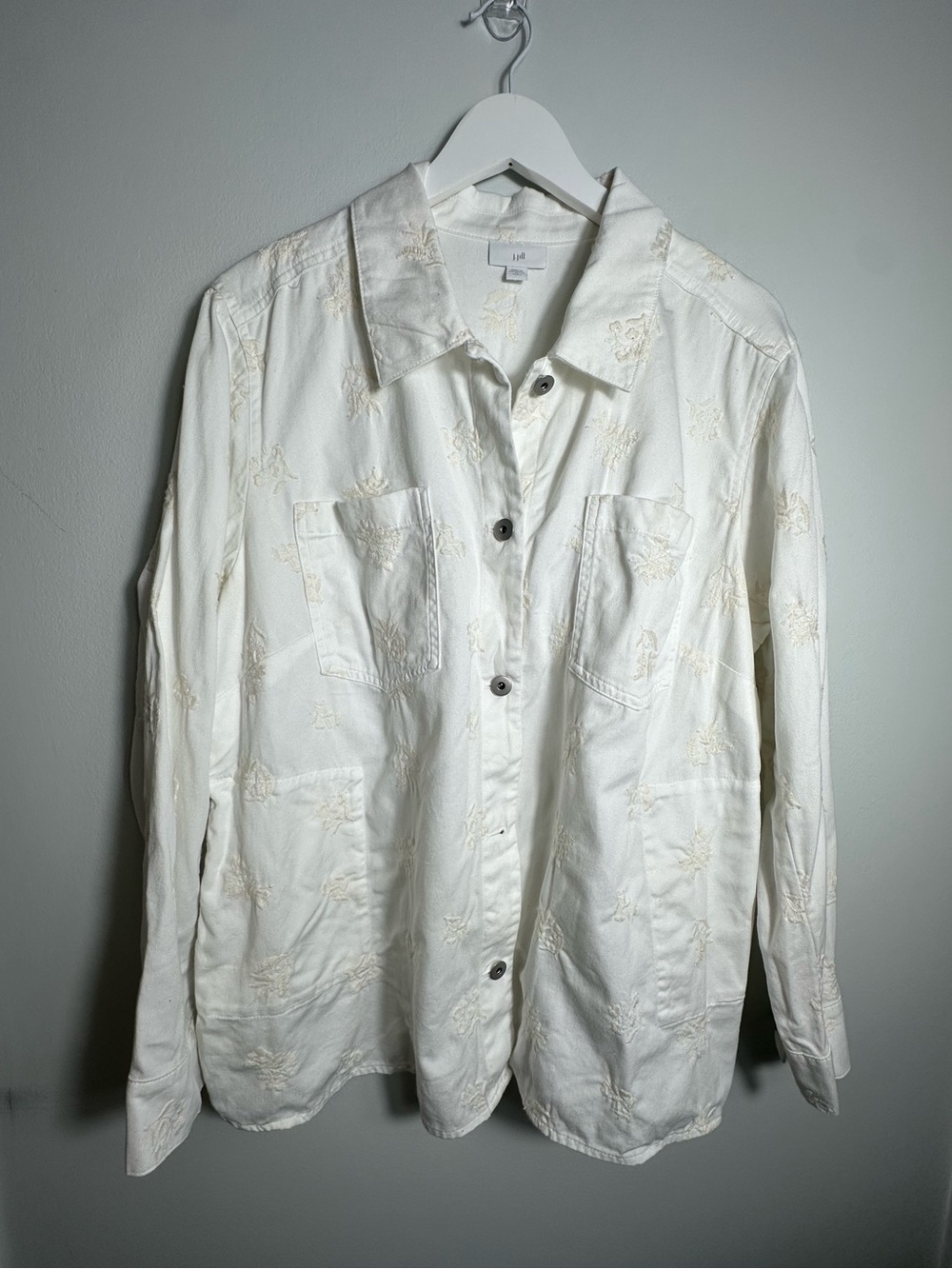 J Jill  White Floral Embroidered  Cotton  Button Down Shirt Jacket Sz XL Petite